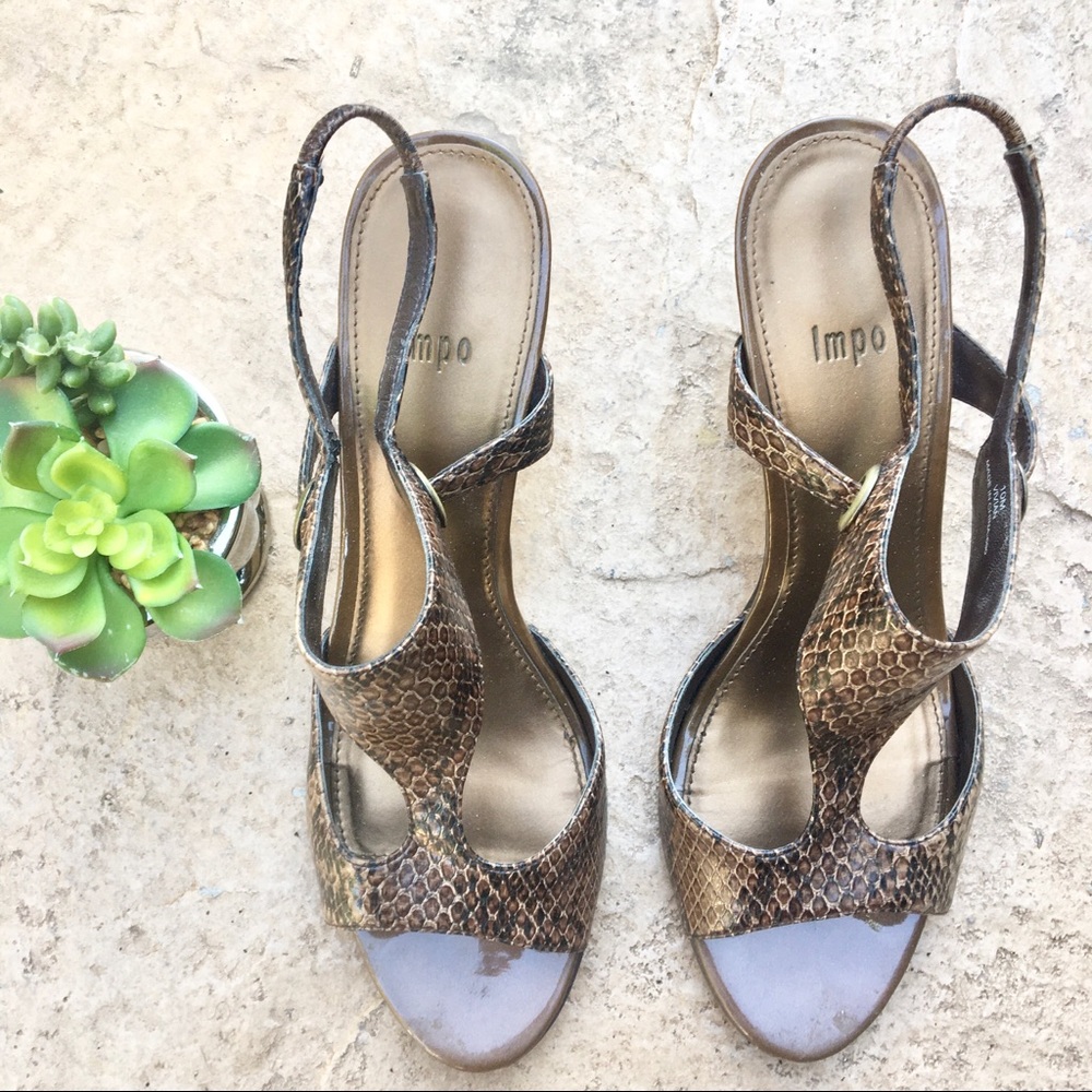 LMPO brown tan snakeskin Strappy high heels